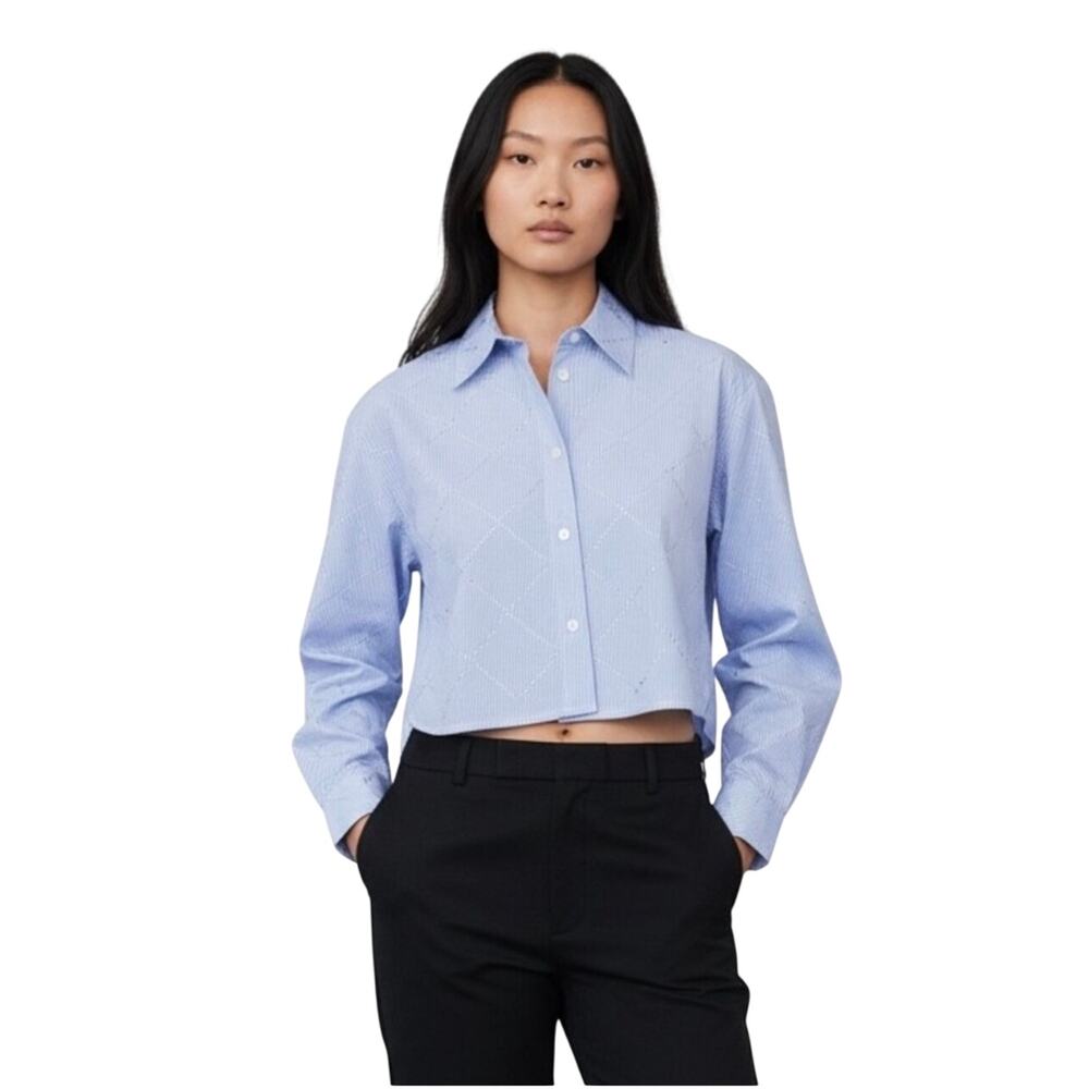 JASON WU Women’s Cropped Blue Striped Rhinestone Long Sleeve Button Up
